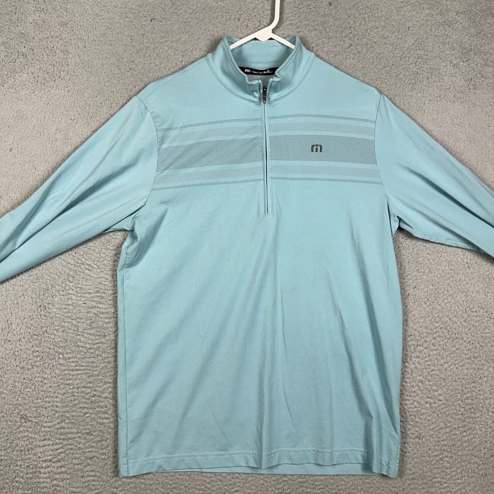 Travis Mathew Quarter-Zip Pullover Mens M Light Blue Perforated Stripe EUC